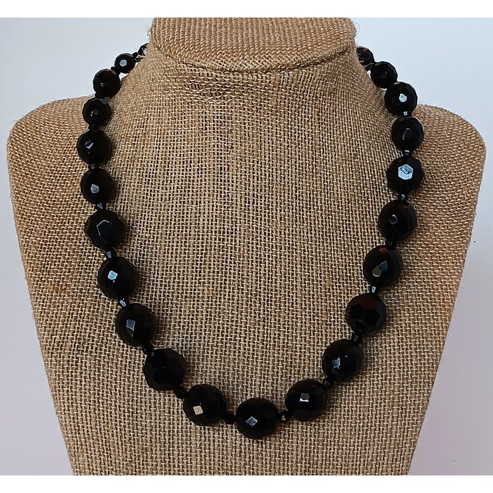 Vintage Liz Claiborne Graduated Black Faceted Glass Ball Necklace 16-18 in